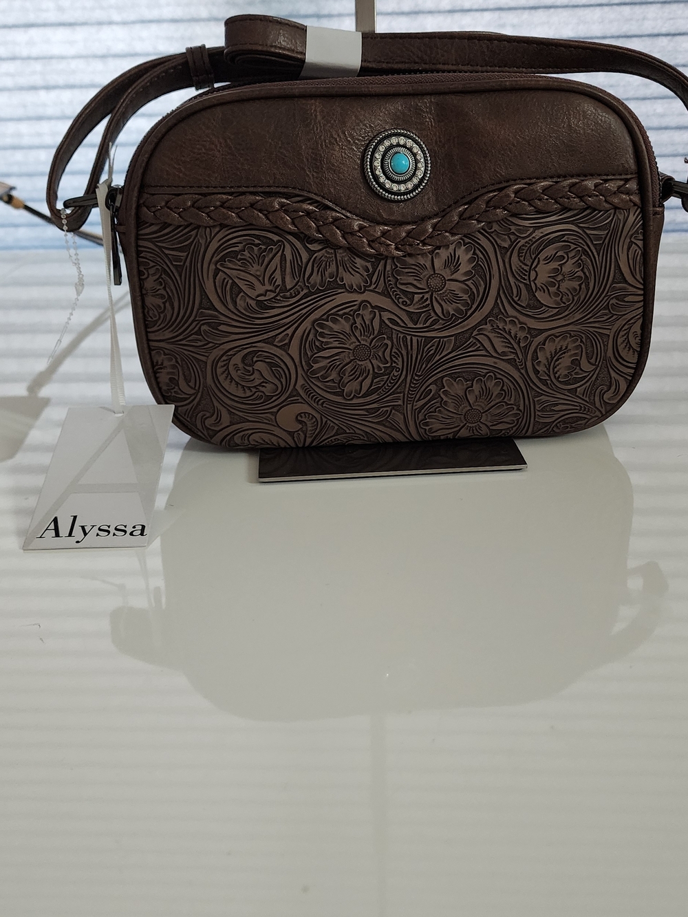 Western Style Embossed Brown Vegan Leather Crossbody Bag with Turquoise Accent - Picture 3 of 11